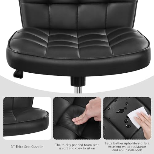 Yaheetech Black Tufted Armless Office Desk Chair with Wheels, Faux Leather | Thick foam cushioned seat tilts back to relax, lifts 18-22 in, spins 360 degrees, holds 300 lb, and assembles with ease. - color: Black