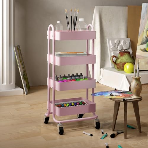 4 Tier Metal Rolling Cart Pink Utility Cart with Wheels,Rolling Pink Cart for Office,Home,Kitchen,Garden（13.4"x18.1"x40"） - color: Pink, size: 40"H
