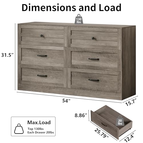Dresser for Bedroom, 54" Wide Solid Wood Chest of Drawers with Metal Handles, 6 Drawers Dresser Storage Organizer for Living Room, Vintage Design, Anti-Tipping Safety, Light Grey