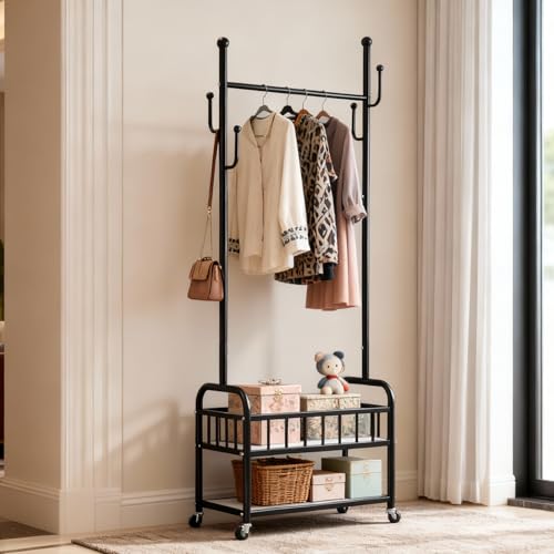 Free Standing Rolling Clothes Rack with Wheels Shoe Storage - Black | Small Narrow Cloth Hanger Garment Rack for Bedroom Livingroom Lab Dress Shirt Rack with Metal Basket and Shoe Storage Shelves - color: Black-2 Tier