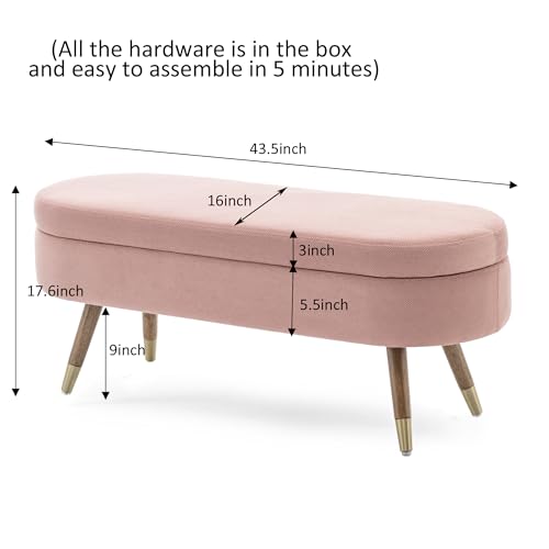 IAFIKE Oval Storage Bench 43.5" Ottoman Bench Upholstered Boucle Fabric Footrest Bench with Golden Metal Legs End of Bed for Bedroom, Living Room, Entryway,Bed Side (Pink) - color: Pink