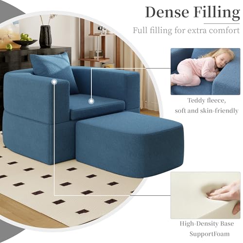 40" Pull Out Couch,2 in 1 Sleeper Sofa Bed,Convertible Sleeper Chair with Pillow Foldable Mattress with Back Support,Teddy Fleece,Blue - color: Blue