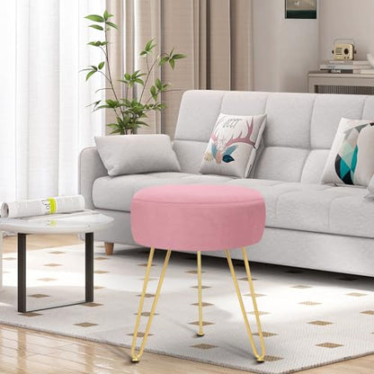 GERANT Multifunctional Vanity Stools - Velvet Round Ottoman Modern Dressing Stool -Upholstered Footrest Stool - Side Table Footstool with Golden Metal Leg for Living Room, Bedroom (Pink) - color: Pink