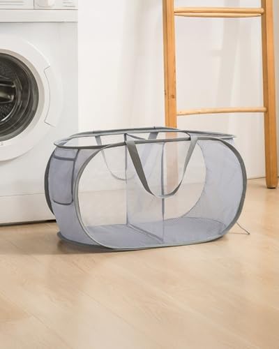 Collapsible Laundry Basket Foldable Pop-Up Mesh Hamper with Compartments and Handles, Breathable Clothes Organizer BLC733-03 - color: Grey, size: 22.83'' * 14.17'' * 14.17''