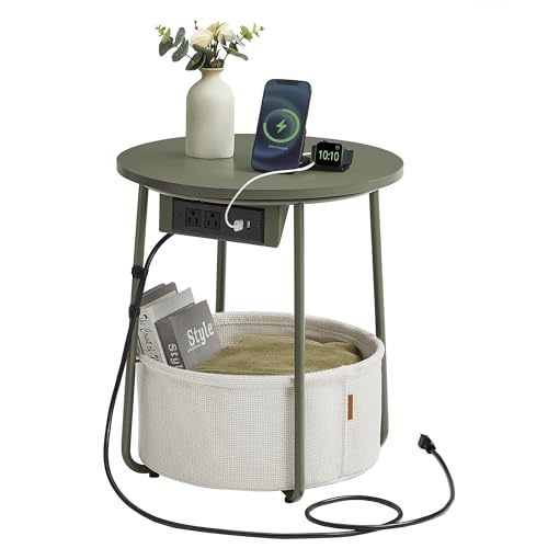 VASAGLE LILEA Collection - Side Table with Charging Station, Round End Table with Fabric Basket, Nightstand with USB Ports, for Living Room, Bedroom, Modern, Forest Green and Cream White ULET228C04 - color: Forest Green + Cream White