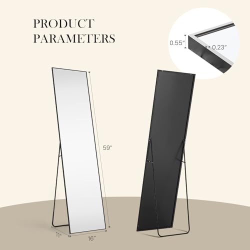 NEWBULIG Mirror Full Length, 16"x59" Body Wall Mirrors with Shatter-Proof Glass, Upgraded Floor Standing Mirror, Hanging or Leaning, with Stand Aluminum Alloy Frame for Home Decor, Bedroom, Black | Hanging or Leaning, Shatter-Proof Glass, Aluminum Alloy F