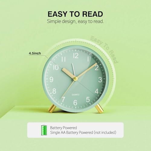 Back to School Silent Analog Quartz Alarm Clock for Kids Bedroom,Night Light, Battery Operated, Fashionable Round Metal - color: Green