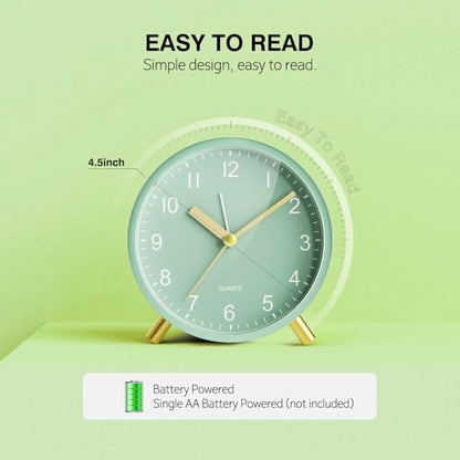 Back to School Silent Analog Quartz Alarm Clock for Kids Bedroom,Night Light, Battery Operated, Fashionable Round Metal - color: Green