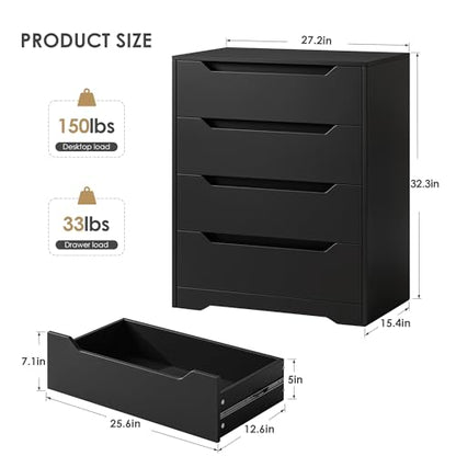 HOSTACK Modern 4 Drawers Dresser, Wood Chest of Drawers with Storage, Black | Black Dresser with Cut-Out Handles, Small Dresser, 4 Drawers Chest, Tall Storage Dresser for Living Room, Apartment, Renter - color: Black