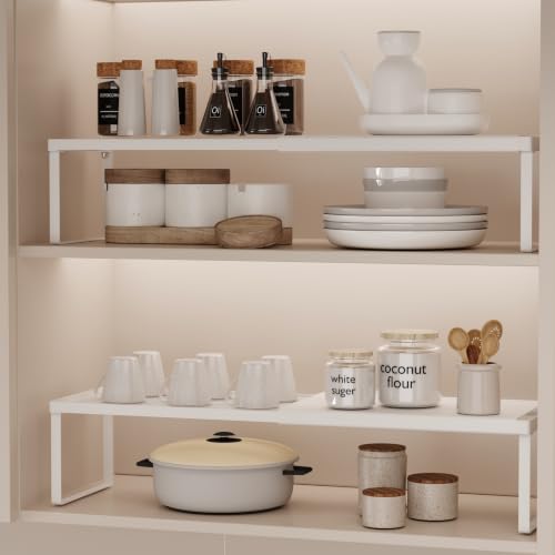 Magheo Expandable Cabinet Shelf Organizer, 2 Pack Stackable Kitchen Counter Shelf Riser, Metal Spice Rack Heavy Duty Countertop Organizer Storage for Kitchen, Pantry, Cupboard, Rv (5.9in Height,White) - color: White, size: 2 Pack-5.9in Height