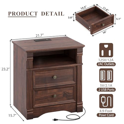 Walnut Nightstand with Charging Station, Farmhouse Bedside Table, End Table with 2 Drawers and Chic Wood Pilasters Design, Wood Side Table with Metal Handles for Bedroom, Living Room - color: Walnut, size: 15.7"D x 22"W x 23.6"H (2 Drawers)