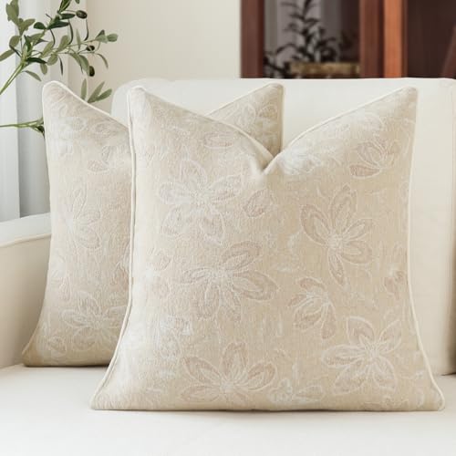 MATTINS 20x20 Vintage Floral Patterned Throw Pillow Covers, Beige, 2PC | Farmhouse Decorative Pillow Covers, Country Botanical Jacquard Design, Cottage Boho Accent for Sofa, Bed, and Living Room - color: Beige, size: 20" x 20" (Pack of 2)