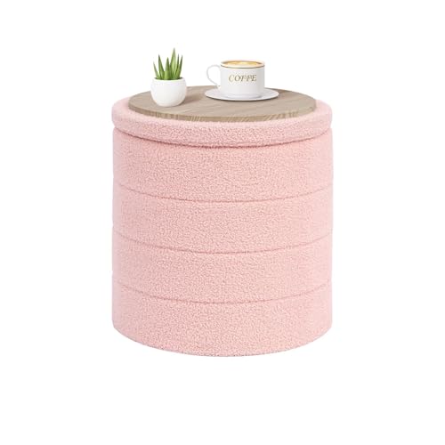 PINPLUS Round Storage Ottoman Foot Rest Stool with Tray Velvet Sherpa Folding Storage Ottoman,Boucle Foot Rest for Living Room, Bedroom, Dorm,Pink Color - color: Pink, size: 16.9"D x 16.9"W x 17.7"H
