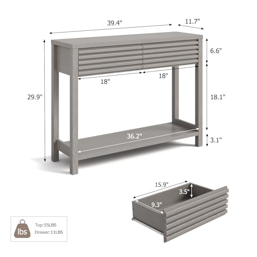 Ludatido Fluted Console Table for Entryway, 40'' Modern Small Entryway Table with Drawers, Storage Shelf, Narrow Wood Sofa Table for Living Room/Bedroom/Hallway Use (Oak Gray)