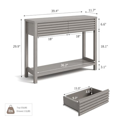 Ludatido Fluted Console Table for Entryway, 40'' Modern Small Entryway Table with Drawers, Storage Shelf, Narrow Wood Sofa Table for Living Room/Bedroom/Hallway Use (Oak Gray)