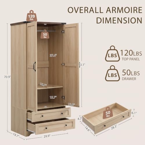 71" Wooden Armoire Wardrobe Closet Set of 2, 4 Doors & 4 Drawers | Modern Tall Storage Cabinet with 2 Adjustable Shelves and Hanging Rail, Sturdy Freestanding, Wide Drawers, For Bedroom - color: Natural, size: 71" - 4 DOORS