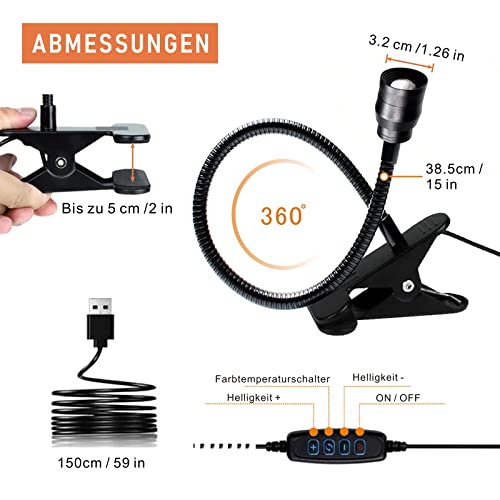 YMCRLUX Zoomable LED Reading Lights for Bed Headboard, Clip on Spotlight Lamp for Desk, Dorm Bed, Dimmable USB Clamp Book Light with Flexible Gooseneck, Adjustable Beam Angle 15°-80°