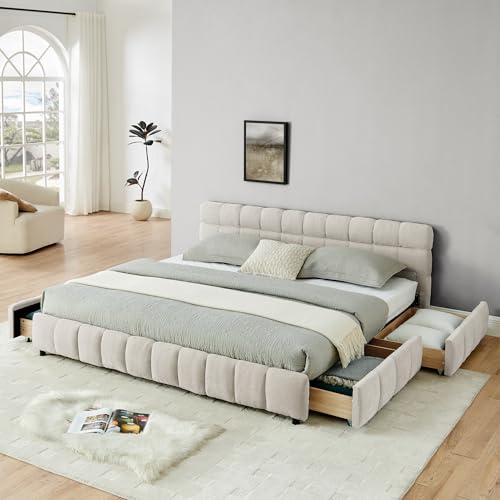 Upholstered Platform Bed with Storage Drawers, Chenille Fabric Low Profile Bed Frame with Soft Headboard, Sturdy Wood Slats, Easy Assembly, No Box Spring Needed (Beige, King (U.S. Standard)) - color: Beige, size: King (U.S. Standard)