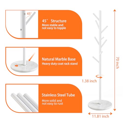 ZOZOE Coat Rack Stand with Marble Base,White Metal Coat Rack Freestanding | Coat Rack with 8 Hooks, Heavy Duty Modern Coat Stand,Clothes Tree Hanger Stand for Bags Hats in Hallway Entryway - color: White