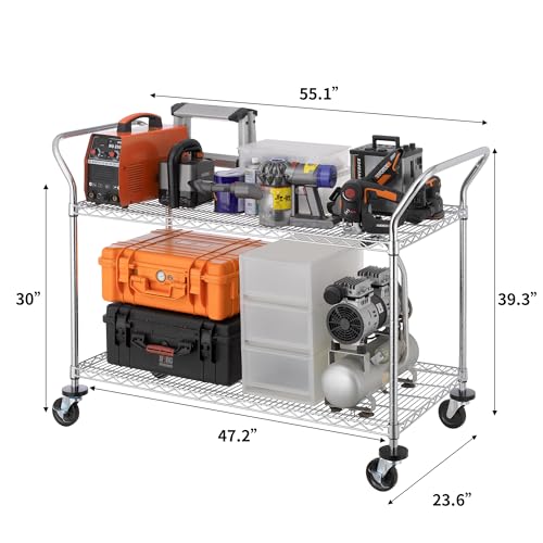 Finnhomy 2-Tier Commercial Grade Rolling Cart, Heavy Duty Utility Cart, Carts with Wheels and Handles, Kitchen Cart on Wheels, Metal Serving Cart with 700 lbs Capacity, Shelf Size 24" D x 48" W, NSF - size: 23.6"D x 55.1"W x 39.3"H