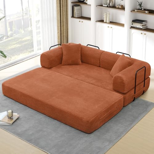 Convertible Folding Sofa Bed, Corduroy Sleeper Mattress Couch with Fixed-Shape Frame, Free Combination Loveseat Lounge Floor Sofa, Queen Size Memory Foam Couch for Living Room, Bedroom, Burnt Orange - color: Burnt Orange