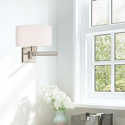 Livex Lighting 40036-91 1-Light Swing Arm Wall Light, Brushed Nickel | Off-White Fabric Shade - color: Brushed Nickel