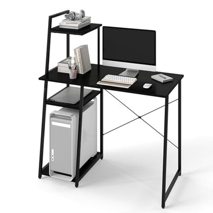 Tangkula Computer Desk with Shelves, Space Saving Home Office Desk with 3-Tier Ladder Shaped Storage Bookshelf, Modern Writing Study Desk with Metal Frame, Compact Computer Workstation (Black) - color: Black