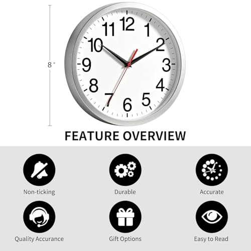 Wall Clock Analog 8 Inch Silver Battery Operated Silent Clock | Easy To Read, Non Ticking, Round, Accurate, Kitchen, Living Room, Classroom, Office, School - color: B_silver, size: 8 Inch