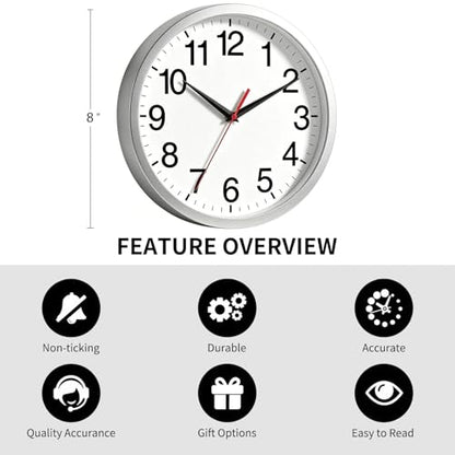 Wall Clock Analog 8 Inch Silver Battery Operated Silent Clock | Easy To Read, Non Ticking, Round, Accurate, Kitchen, Living Room, Classroom, Office, School - color: B_silver, size: 8 Inch