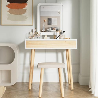 YOURLITE Makeup Vanity Desk with Lighted Mirror & Stool | 31.5" Makeup Table, 3 Lighting Modes, Adjustable Brightness, 2 Drawers, Cushioned Stool, Square Mirror - size: 31.5", style: Square Mirror Wooden