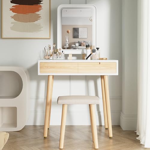 YOURLITE Makeup Vanity Desk with Lighted Mirror & Stool | 31.5" Makeup Table, 3 Lighting Modes, Adjustable Brightness, 2 Drawers, Cushioned Stool, Square Mirror - size: 31.5", style: Square Mirror Wooden