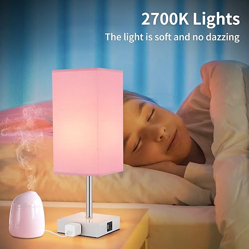 Touch Control Bedside Lamp - 3-Way Dimmable Table Lamps with USB C+A Port and Outlet, Nightstand Lamp for Bedroom Decor and Living Room,Pink