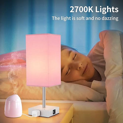 Touch Control Bedside Lamp - 3-Way Dimmable Table Lamps with USB C+A Port and Outlet, Nightstand Lamp for Bedroom Decor and Living Room,Pink