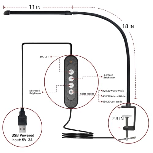 Metal LED Desk Lamp with Clamp, 12W USB Powered Desk Light, 18" Flexible Gooseneck, 3 Color Modes, 10 Brightness Levels, Eye-Caring Lamp for Study, Reading, Work, Home Office, Black