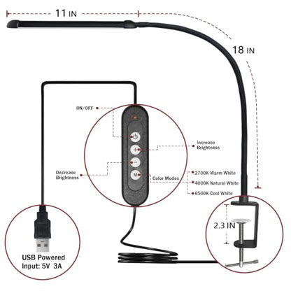 Metal LED Desk Lamp with Clamp, 12W USB Powered Desk Light, 18" Flexible Gooseneck, 3 Color Modes, 10 Brightness Levels, Eye-Caring Lamp for Study, Reading, Work, Home Office, Black