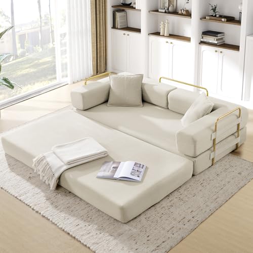 Convertible Folding Sofa Bed, Corduroy Sleeper Mattress Couch with Fixed-Shape Frame, Free Combination Loveseat Lounge Floor Sofa, Queen Size Memory Foam Couch for Living Room, Bedroom, Beige - color: Beige