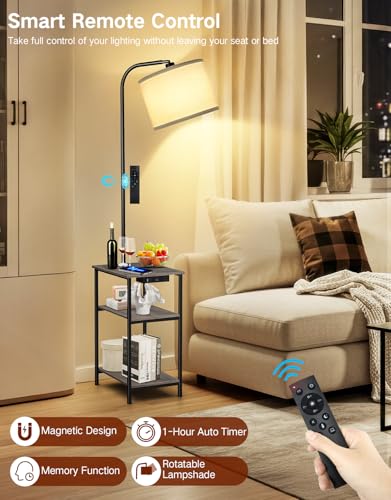 Floor Lamp with Table & Remote, Side End Table with Charging Station, Dimmable Nightstand with 3 Color Temperatures, 1-Hour Timer, 12W LED Bulb, for Living Room, Bedroom(Grey) - color: Gray