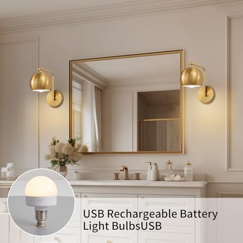Powfloven Gold Battery Operated Wall Sconces Set of 2, Rechargeable Cordless Wall Light Fixture with Remote, Dimmable Wireless Battery Powered Wall Decor Lighting Lamp for Bedroom Living Room