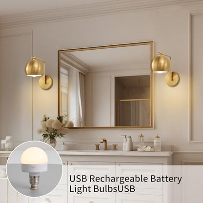Powfloven Gold Battery Operated Wall Sconces Set of 2, Rechargeable Cordless Wall Light Fixture with Remote, Dimmable Wireless Battery Powered Wall Decor Lighting Lamp for Bedroom Living Room