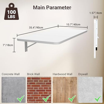 Neoaider Wall Mounted Folding Desk 35.4” x 15.7”, White | Drop Down Table with Metal Collapsible Brackets, Folding Wall Table for Small Spaces, Home, Office, Kitchen, Laundry Room - color: White, size: 35.4" x 15.7"
