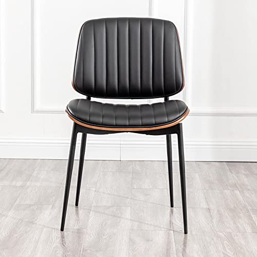 LUNLING Dining Chairs Set of 2 Mid Century Modern Retro Faux Leather Chair with Walnut Bentwood Upholstered Seat Metal Legs Chairs,Adjustable Foot for Kitchen Dining Room Chairs(Black) - color: Black, size: Set of 2