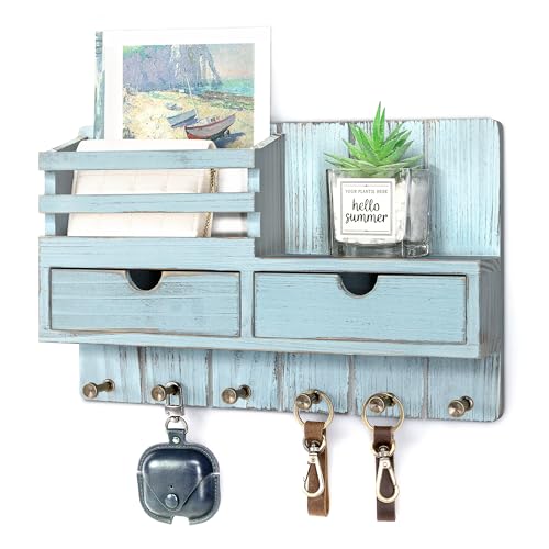 Rebee Vision Key Holder Wall Mount with Shelf for Entryway, Distressed Blue | Modern Mail Organizer, 6 Key Hooks, 2 Drawer Organizer, Key Hanger Home Decor Aesthetic, Apartment Storage Essentials - color: Distressed Blue