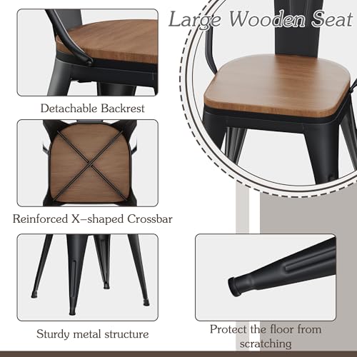 Alunaune 18inch Metal Dining Chair Set of 4 High Back Classic Chic Iron Farmhouse Chairs Industrial Stackable Coffee Stools Bistro Cafe Side Barstools Wood Seat-Black - color: Black