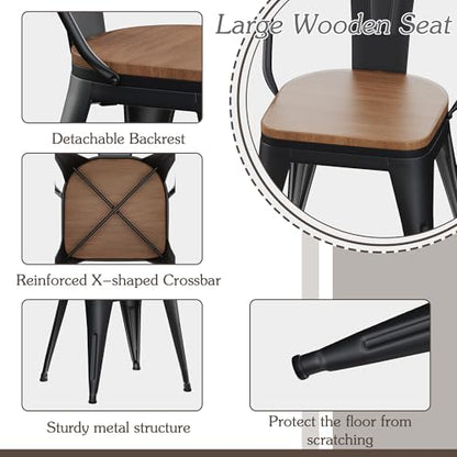 Alunaune 18inch Metal Dining Chair Set of 4 High Back Classic Chic Iron Farmhouse Chairs Industrial Stackable Coffee Stools Bistro Cafe Side Barstools Wood Seat-Black - color: Black