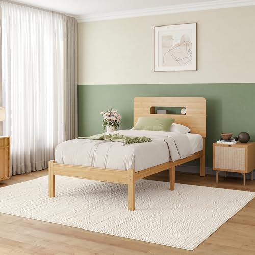 Solid Bamboo Wood Twin XL Bed Frame with Storage Headboard, 14 inch Platform Twin XL Bed Frames No Box Spring Needed with Steel Slats, Sturdy and Stable, Easy Assembly, Noise Free - color: Natural, size: Twin XL, style: 14 INCH