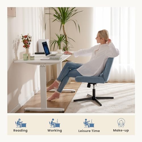 DUMOS Criss Cross Chair No Wheels Legged Office Wide Comfy Desk Vanity Chair, Armless Computer Task Seating, Swivel Home Height Adjustable for Bedroom, Study, Fabric, Blue No Wheel - color: Blue No Wheel