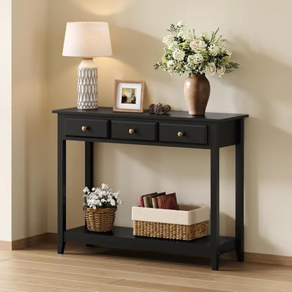Yaheetech Narrow Black Entryway Console Table with 3 Storage Drawers | Slim Enough for a Hallway, the Top Holds Up to 55 lb over a Lower Shelf for Everyday Extras, Built from Painted MDF - color: Black