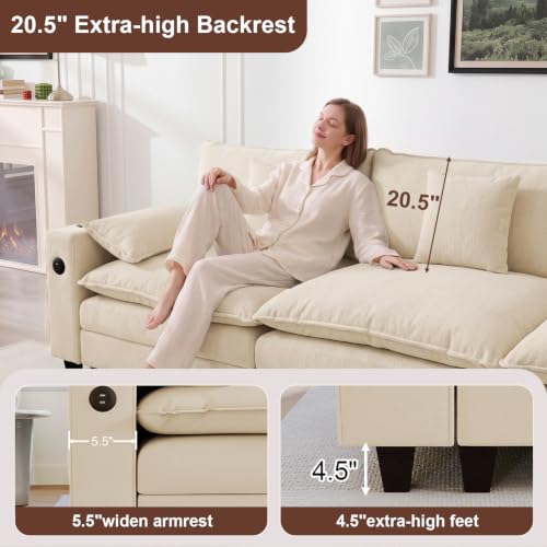 KCGKCG 116" 3-Seater Cloud Sofa, Modular Sectional Couch, Chenille Deep Seat Cloud Couch with Charging Station, Cup Holder, Side Pocket, Double Layer Seat Cushion Couches for Living Room, Beige - color: Beige, size: 116"- Loveseat