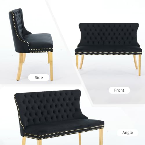 Black Velvet Dining Bench with Back, Tufted Banquette Seating, Gold Legs | Upholstered loveseat bench; tufted back; nailhead trim; 500 lb capacity; foam and spring seat; dining room or entryway - color: Black(gold Stainless Steel Legs)