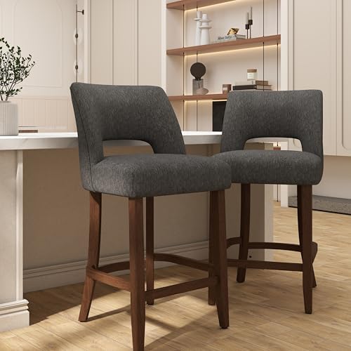 VKNOW Bar Stools Set of 2, 26" Fabric Counter Height Bar Stools, Charcoal | Modern Upholstered Counter Stools with Rubberwood Legs for Kitchen Island Dining Room Bar - color: Charcoal, size: Set of 2